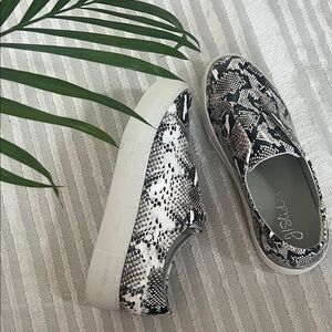 J/SLIDES Black and White Snake Print Sneakers